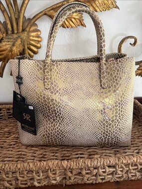 Taupe Snake-Embossed Tote with Gold Accents